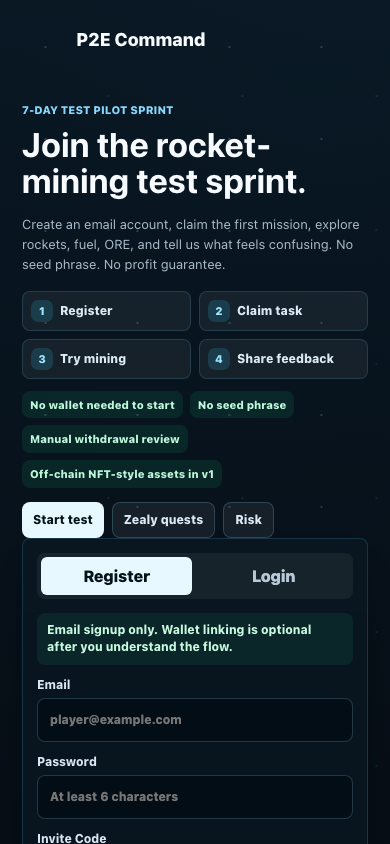P2E Command mobile landing and registration