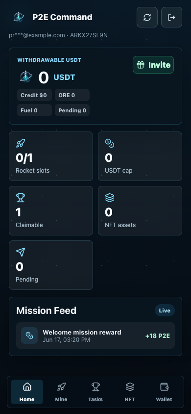 P2E Command dashboard and mission feed