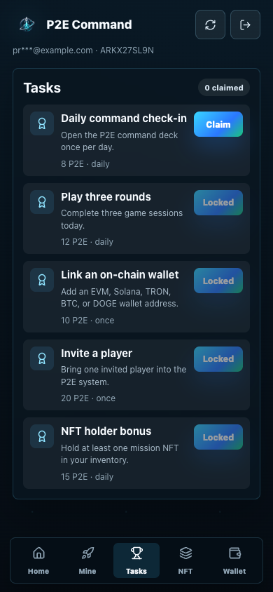 P2E Command task list