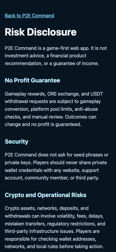 P2E Command risk disclosure page